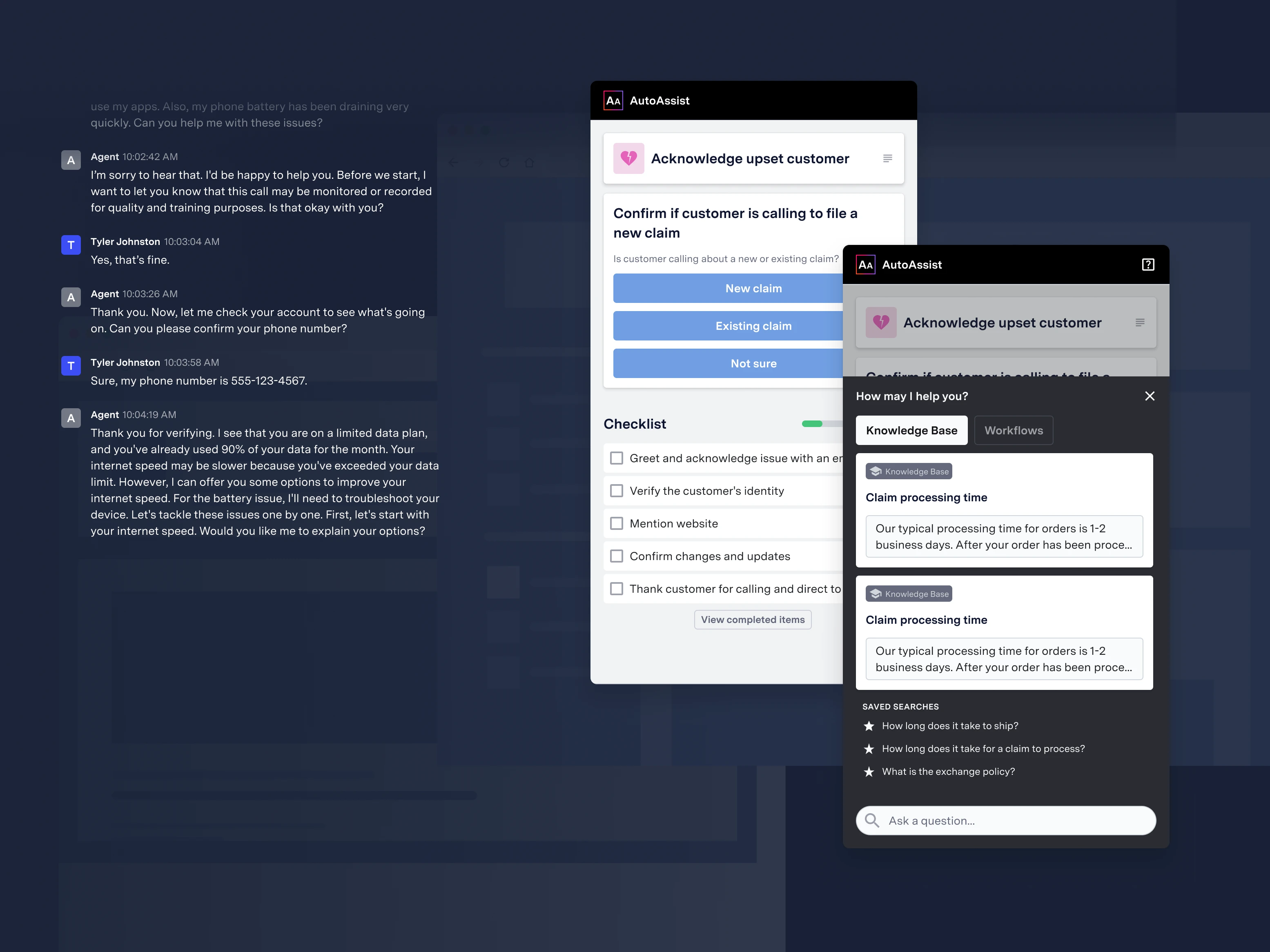AutoAssist panel showing checklist progress and knowledge base search results during a live voice call