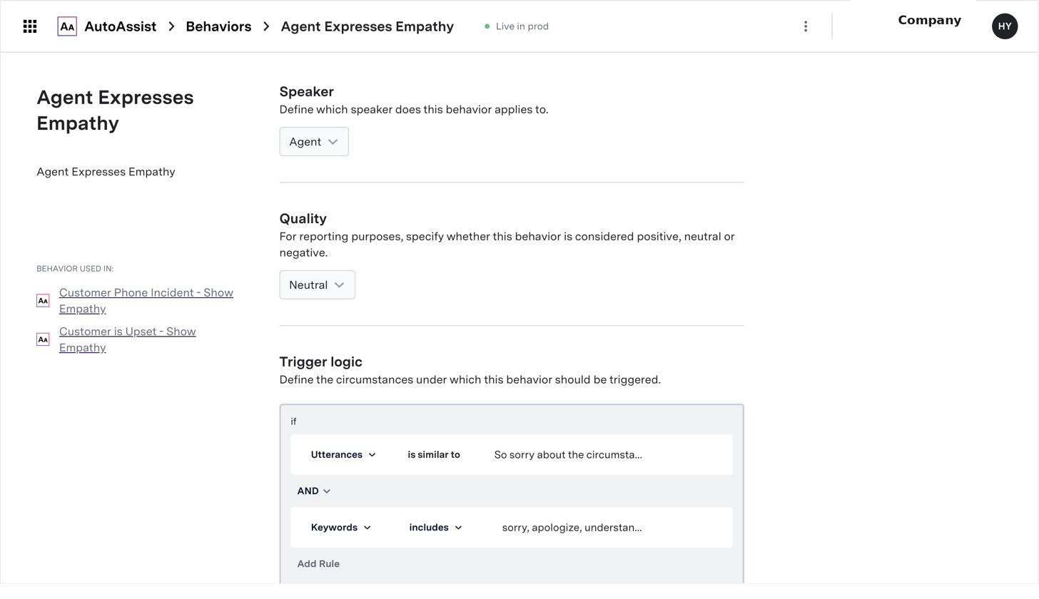 Behavior configuration screen for Agent Expresses Empathy, defining speaker, quality, and trigger logic combining utterance similarity and keyword matching
