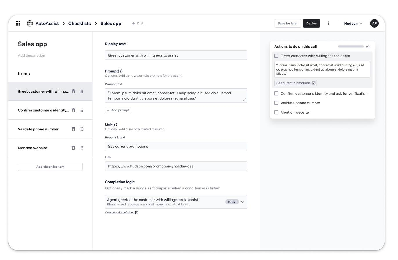 Checklist builder screen for a sales opportunity checklist, defining display text, prompts, links, and completion logic with a live preview