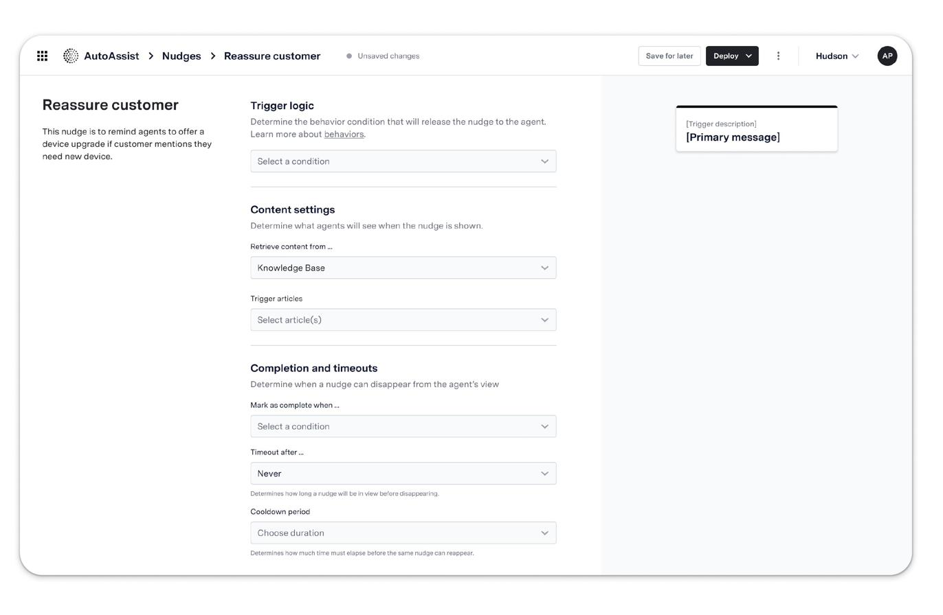 Knowledge support settings screen defining trigger logic, content settings, and completion and timeout behavior for a nudge sourced from the knowledge base