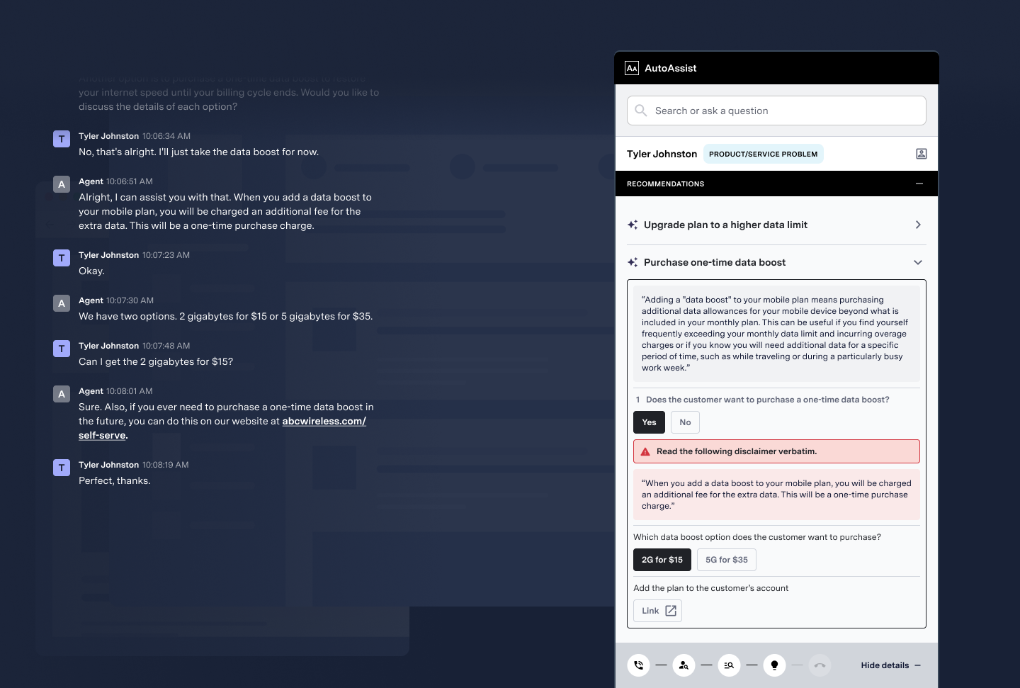 A branching AutoAssist recommendation nudge for a one-time data boost upsell, requiring a compliance disclaimer read verbatim before routing to a specific plan option and a link to complete the action