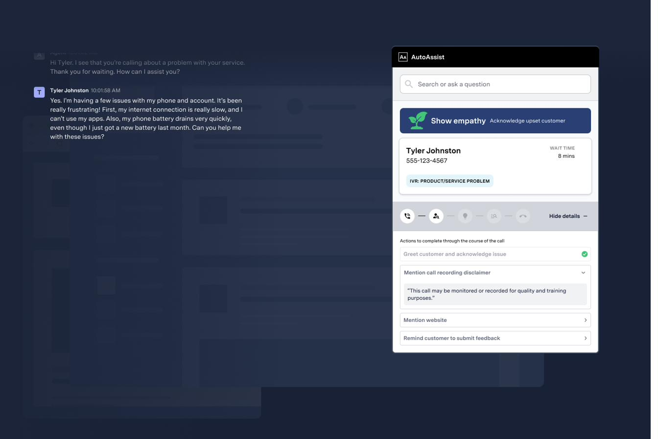 A sentiment-based AutoAssist nudge prompting the agent to show empathy and acknowledge an upset customer, mid-call