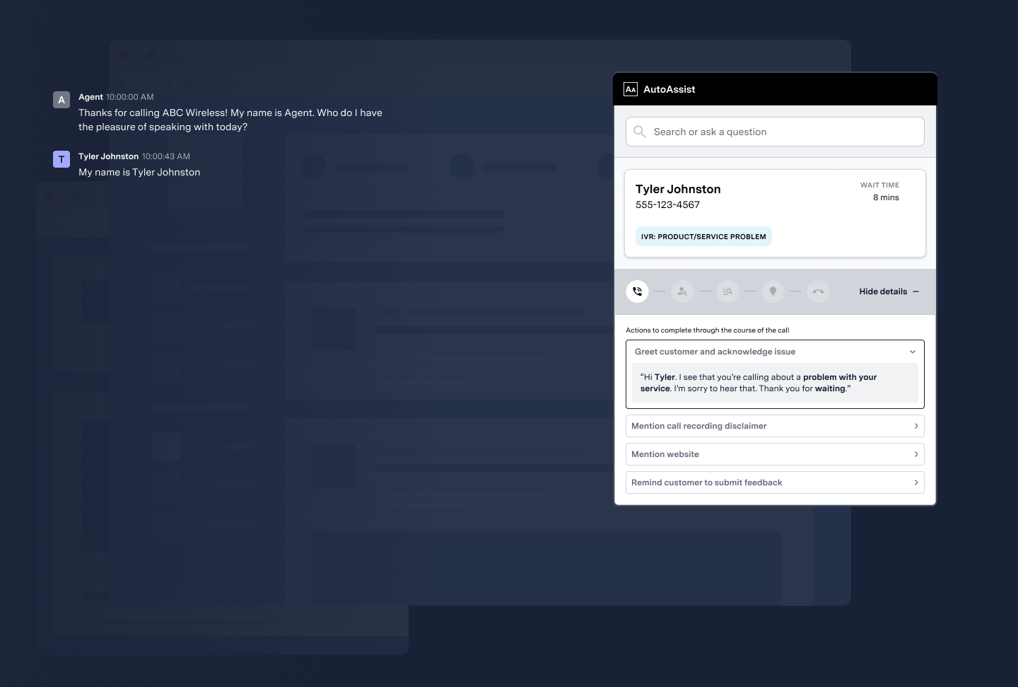 A live AutoAssist nudge at the start of a call, surfacing a trigger description and a primary message for greeting the customer and acknowledging their issue
