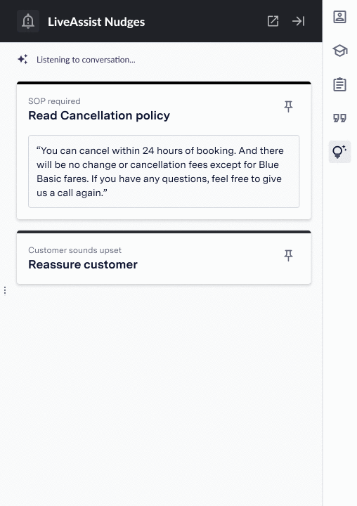Two AutoAssist nudges live at once: a pinned SOP nudge for reading the cancellation policy, with a second sentiment-based nudge to reassure the customer surfacing beneath it