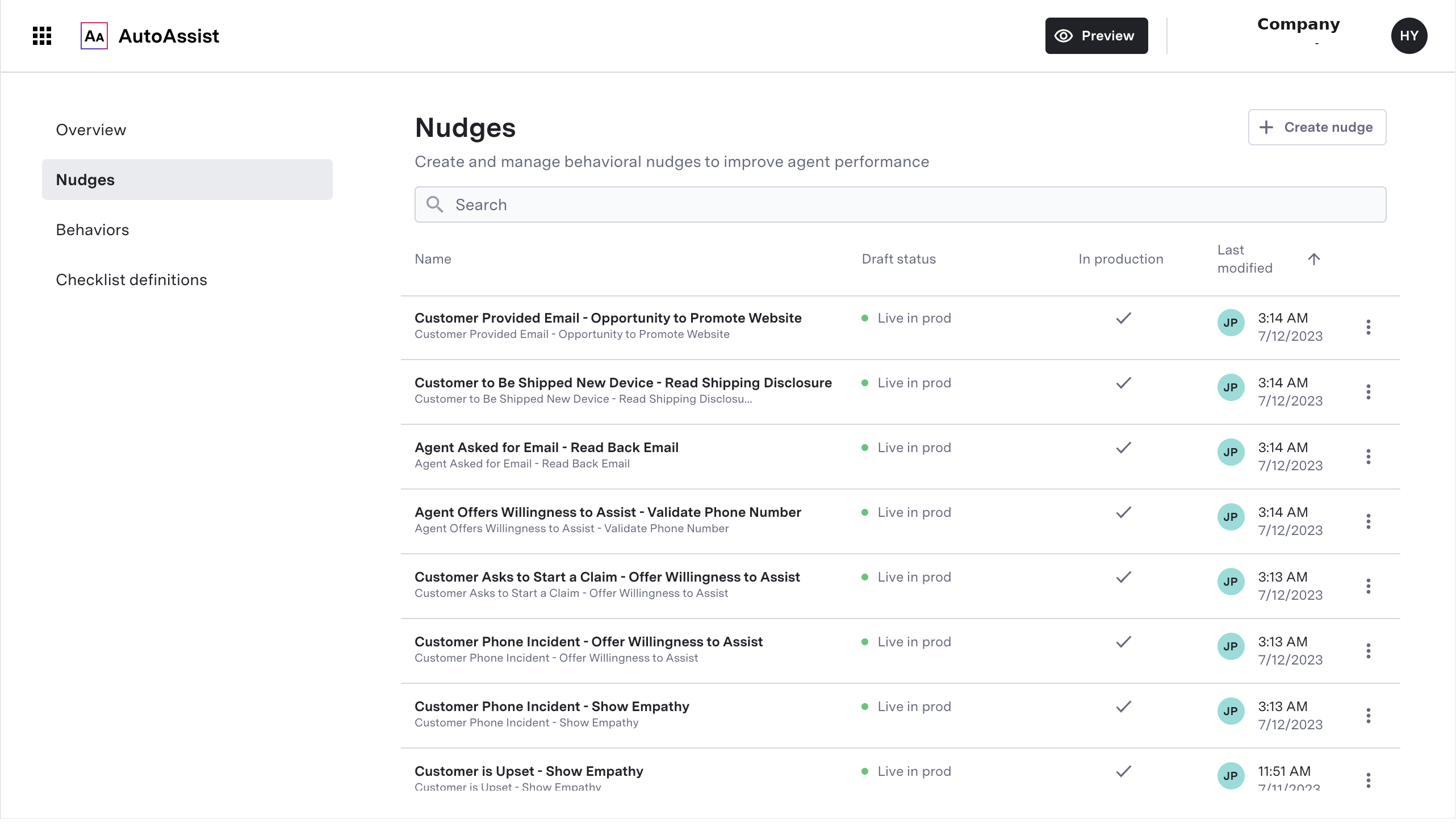 Production nudges list showing multiple behavioral nudges live in production, including disclosures, empathy prompts, and verification steps
