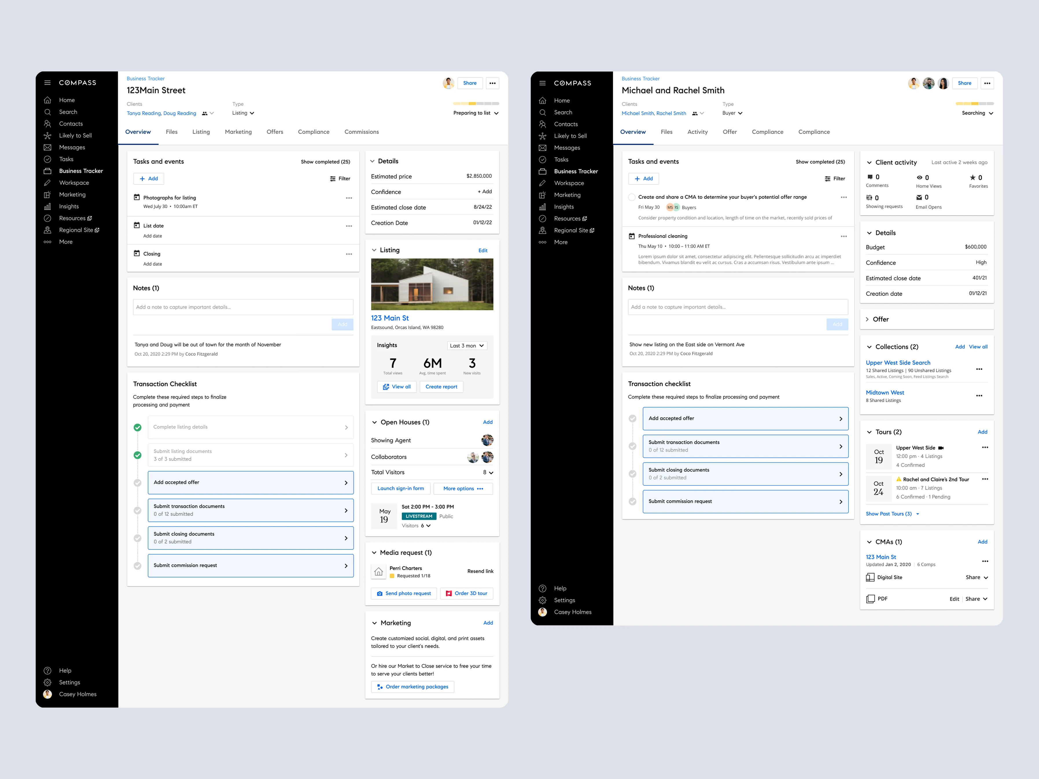 Business Tracker client and listing overview panels showing tasks, details, transaction checklist, and marketing tools