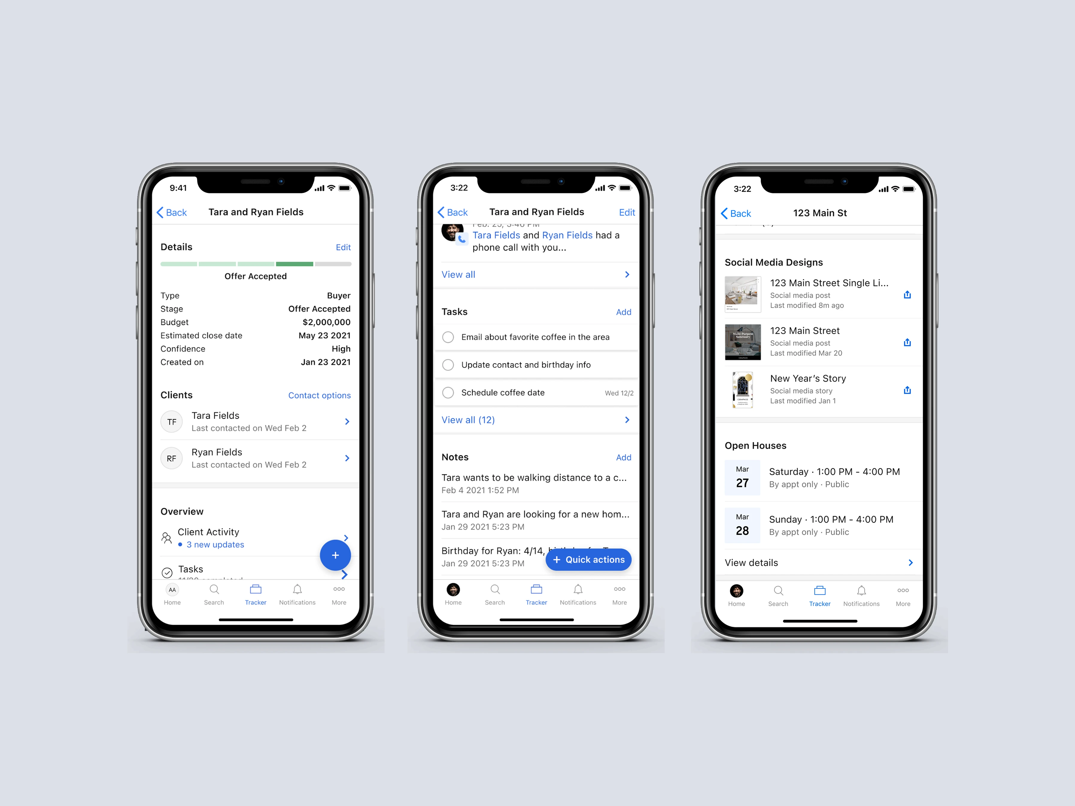 Business Tracker mobile screens showing client details, tasks and notes, and a listing overview