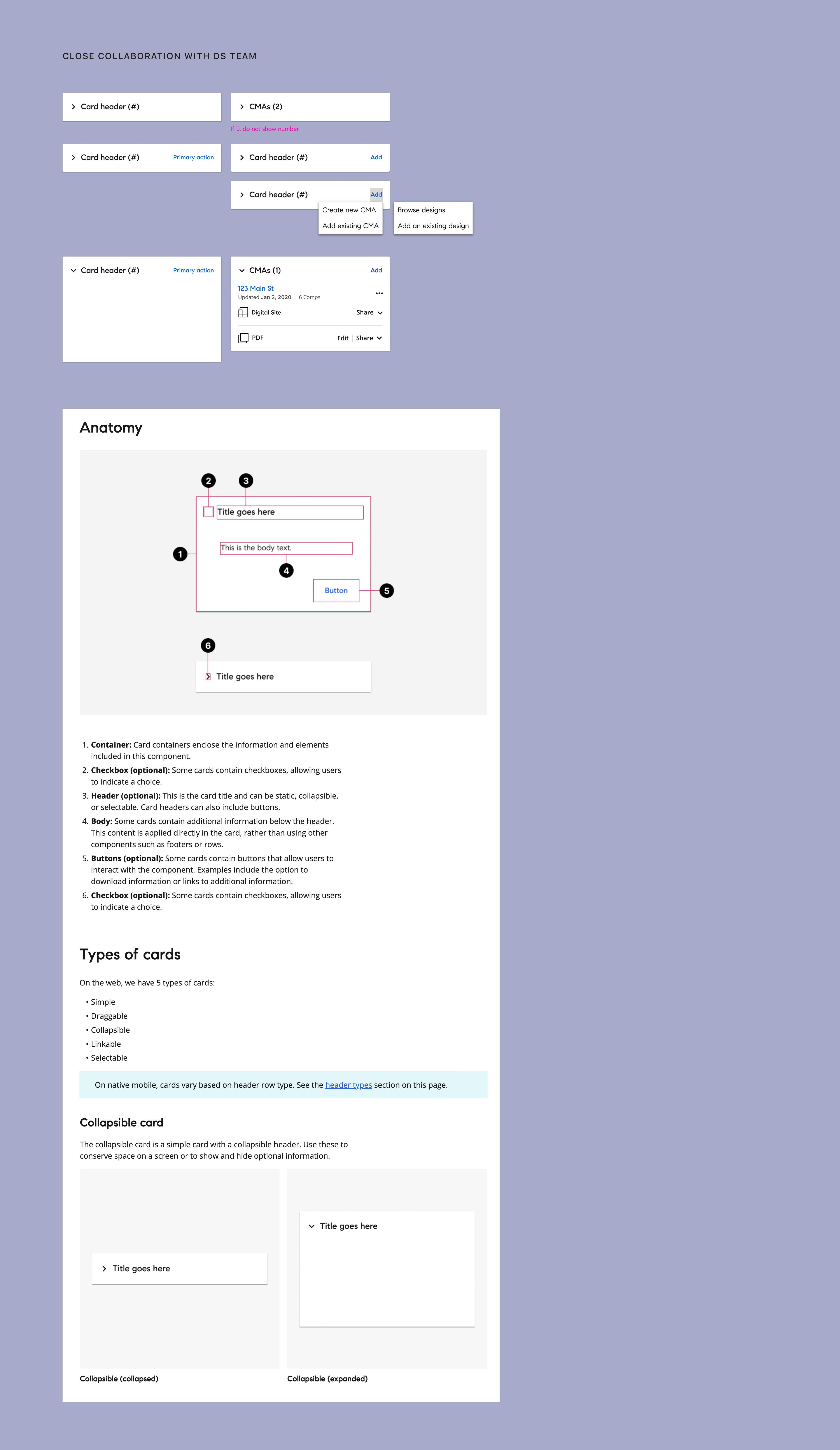 Design system documentation for a card component, showing anatomy, types, and collapsible states, built in close collaboration with the design systems team