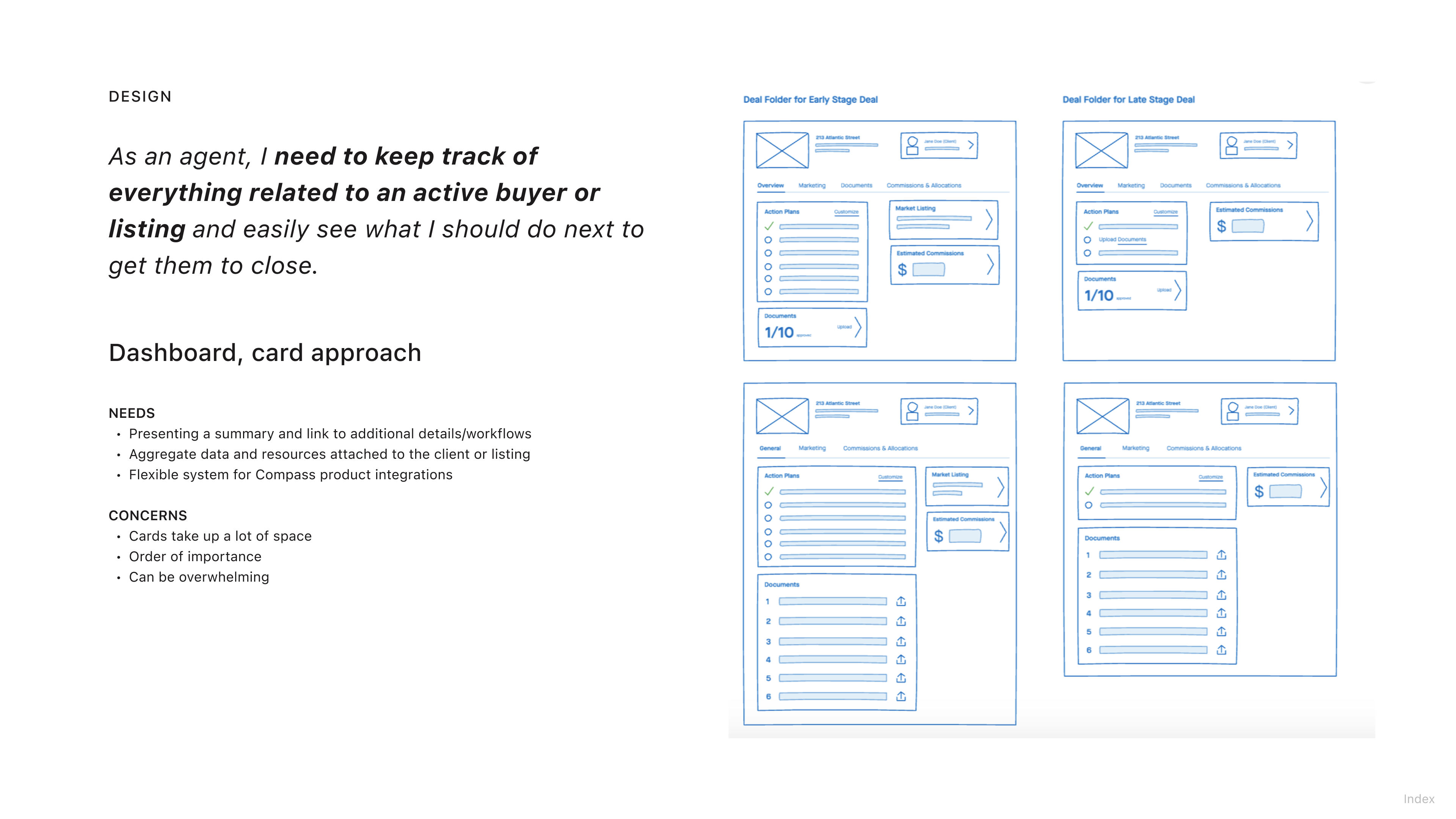 Wireframes for the Deal Folder, showing card-based Action Plans, Market Listing, Estimated Commissions, and Documents modules for early-stage and late-stage deals