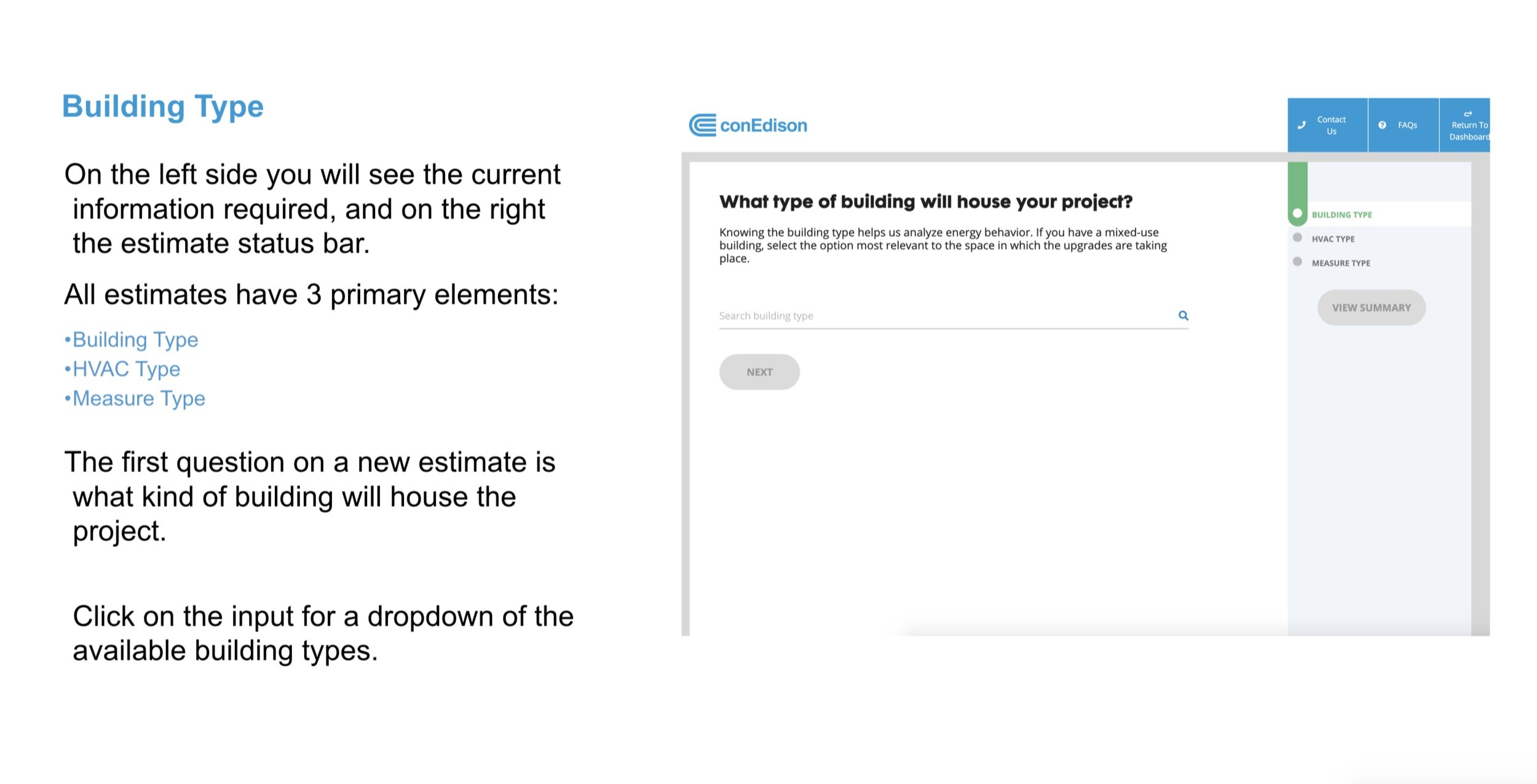 Building Type step with a searchable dropdown and a status sidebar showing Building Type, HVAC Type, and Measure Type