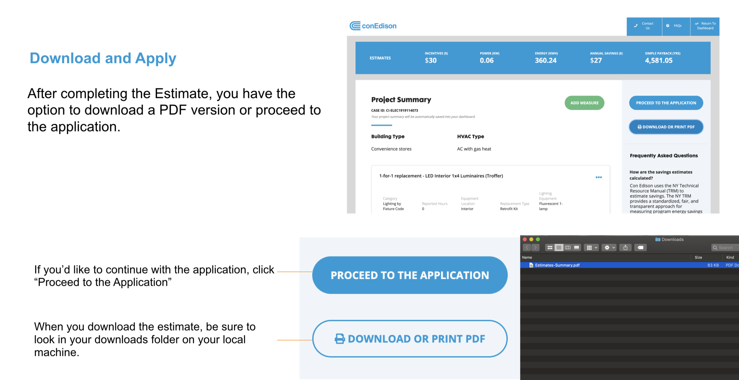 Proceed to Application and Download or Print PDF buttons, with the downloaded PDF shown in a local downloads folder