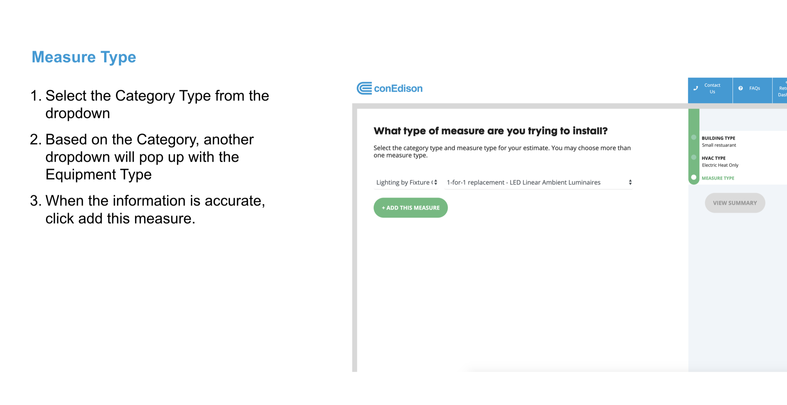 Measure Type step with cascading category and equipment dropdowns