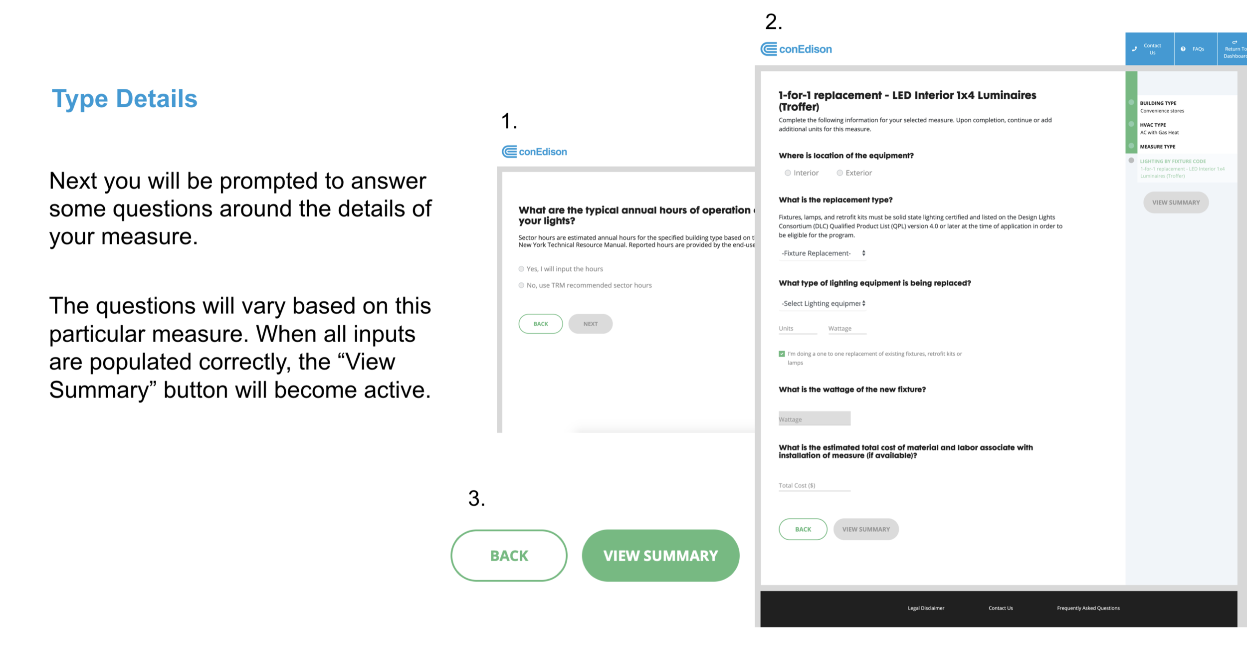 Type Details step with measure-specific questions and a View Summary button