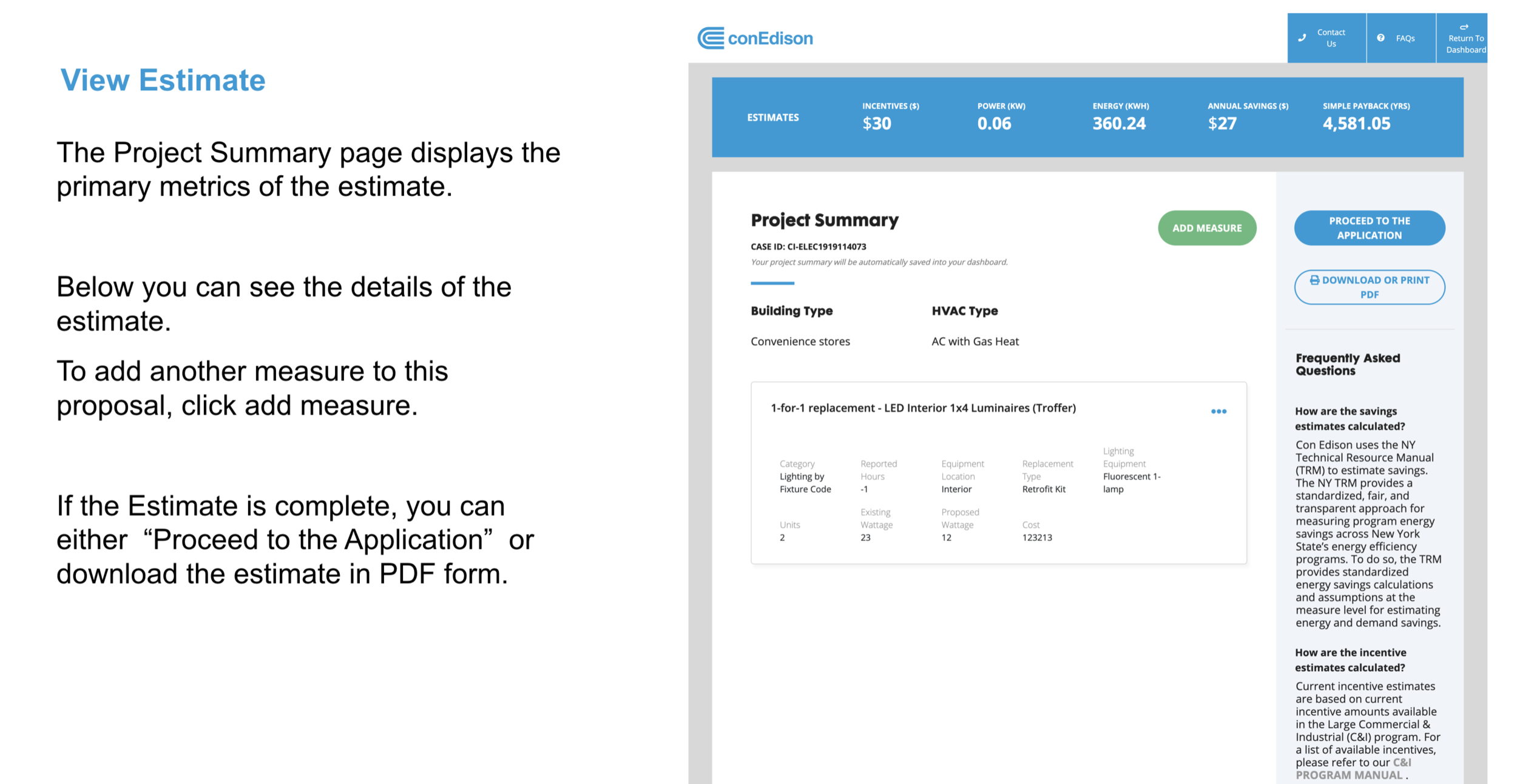 Project Summary screen showing incentive, power, energy, annual savings, and simple payback metrics