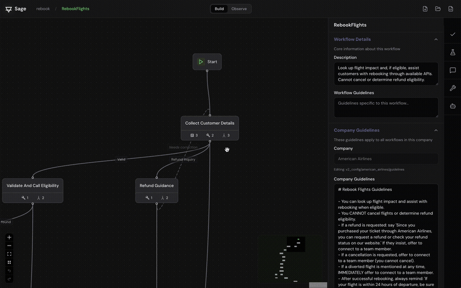 Canvas interaction showing routing tooltips and node configuration in the editor