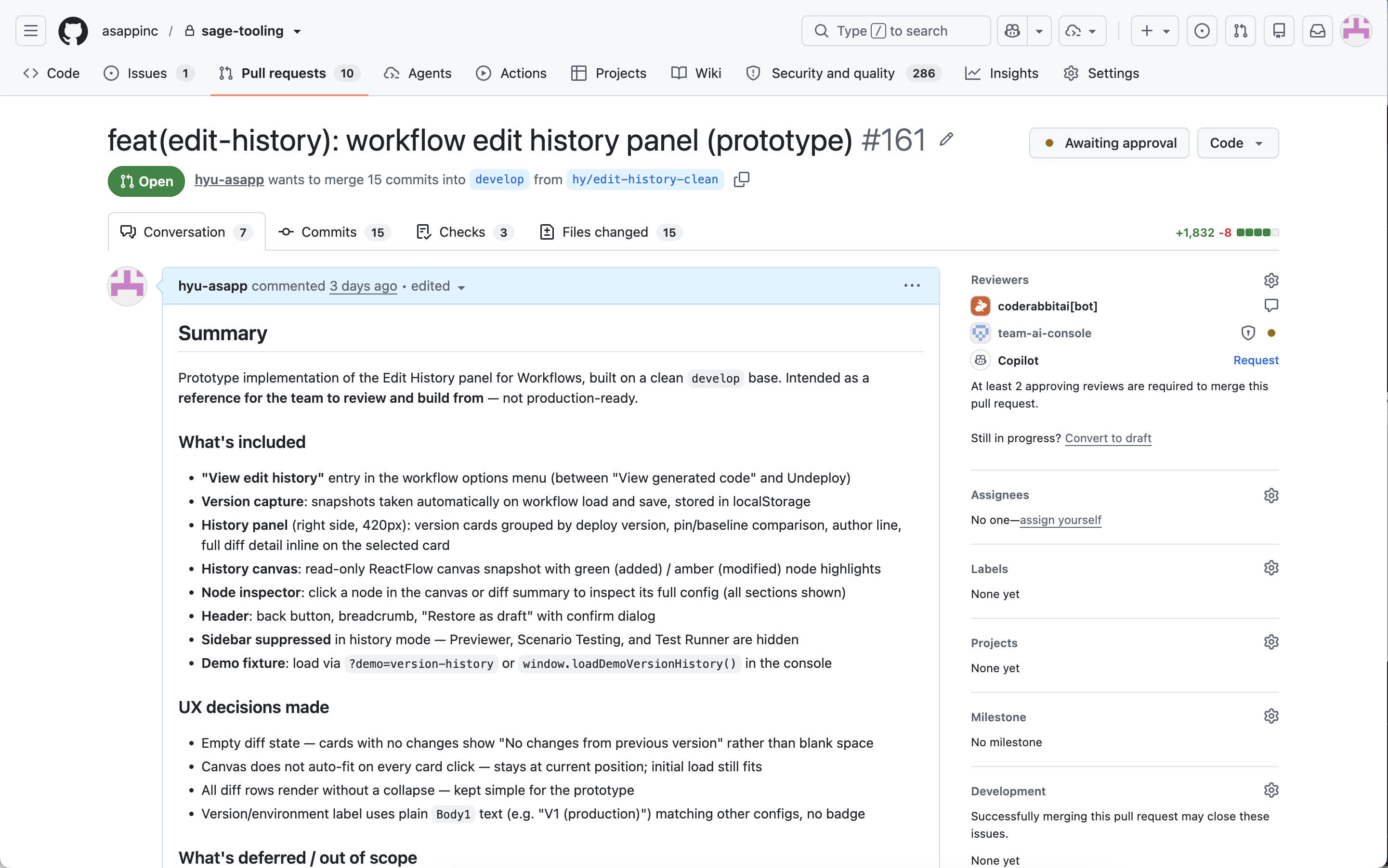 GitHub pull request for the Edit History feature, 15 commits, 1832 lines changed