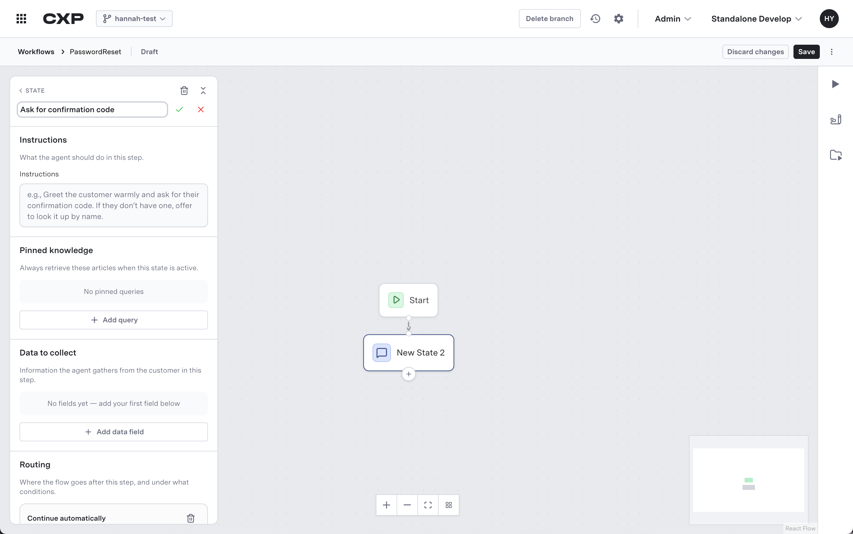 Node configuration panel with Instructions, Data to collect, and Routing sections